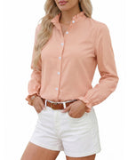 MANGOPOP Button Down Shirts for Women Long Sleeve Plaid Shirts Ruffle Blouses Business Casual Gingham Tops 2026 Trendy Outfit