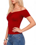 MANGOPOP Off The Shoulder Tops for Women Ruched Short Sleeve Going Out Shirt Cute Casual Basic Summer Outfits 2026