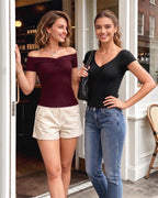 MANGOPOP Off The Shoulder Tops for Women Ruched Short Sleeve Going Out Shirt Cute Casual Basic Summer Outfits 2026