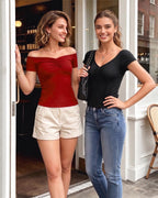 MANGOPOP Off The Shoulder Tops for Women Ruched Short Sleeve Going Out Shirt Cute Casual Basic Summer Outfits 2026