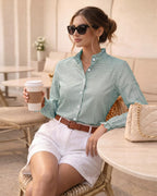 MANGOPOP Button Down Shirts for Women Long Sleeve Plaid Shirts Ruffle Blouses Business Casual Gingham Tops 2026 Trendy Outfit
