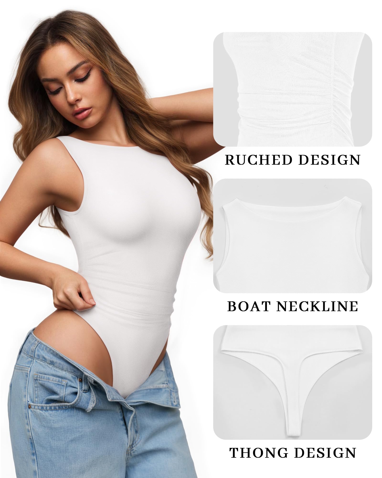 MANGOPOP Women's Tank Top Mesh Ruched Bodysuit Boat Neck