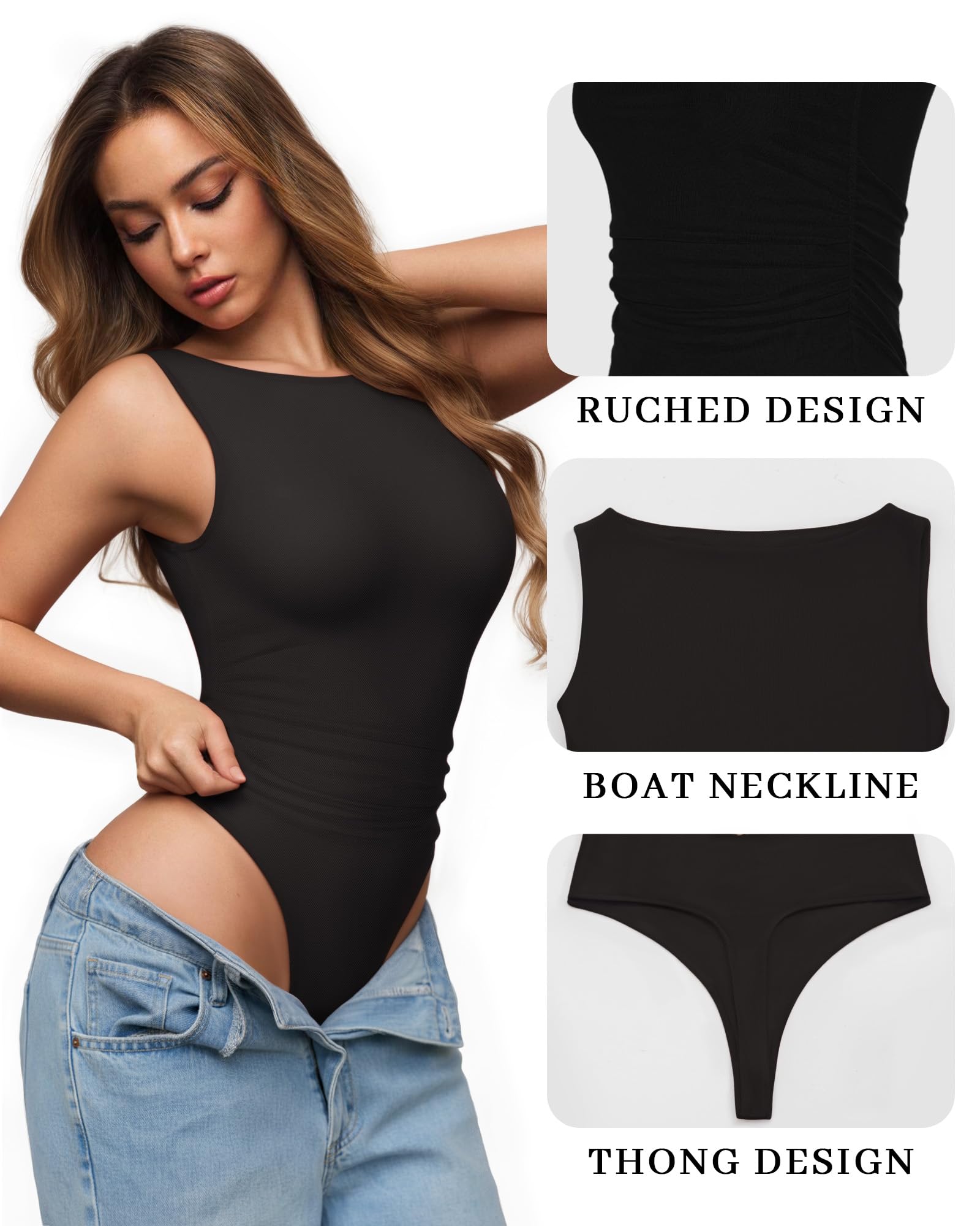MANGOPOP Women's Tank Top Mesh Ruched Bodysuit Boat Neck