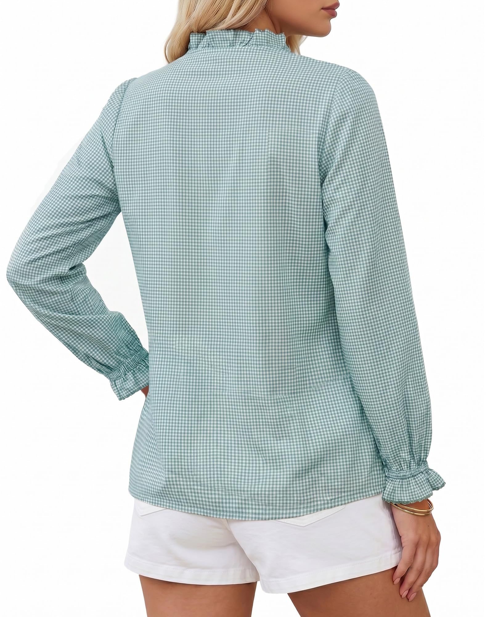 MANGOPOP Button Down Shirts for Women Long Sleeve Plaid Shirts Ruffle Blouses Business Casual Gingham Tops 2026 Trendy Outfit