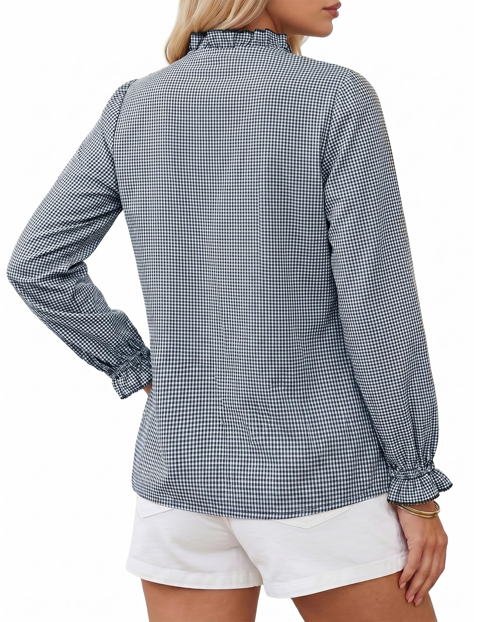 MANGOPOP Button Down Shirts for Women Long Sleeve Plaid Shirts Ruffle Blouses Business Casual Gingham Tops 2026 Trendy Outfit