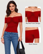 MANGOPOP Off The Shoulder Tops for Women Ruched Short Sleeve Going Out Shirt Cute Casual Basic Summer Outfits 2026