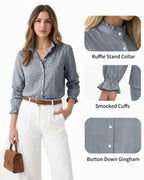MANGOPOP Button Down Shirts for Women Long Sleeve Plaid Shirts Ruffle Blouses Business Casual Gingham Tops 2026 Trendy Outfit