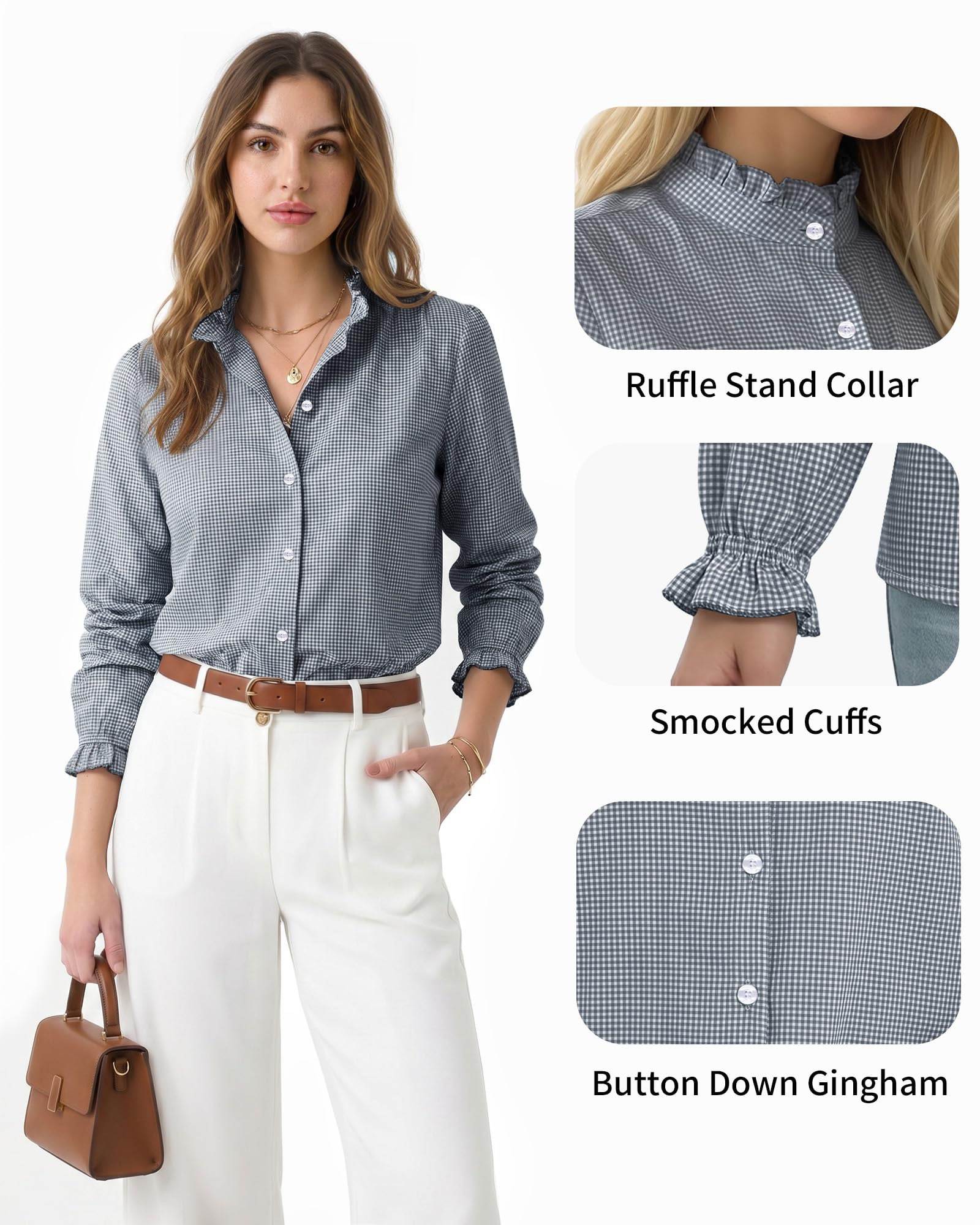 MANGOPOP Button Down Shirts for Women Long Sleeve Plaid Shirts Ruffle Blouses Business Casual Gingham Tops 2026 Trendy Outfit
