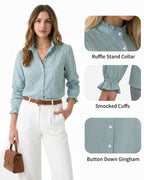 MANGOPOP Button Down Shirts for Women Long Sleeve Plaid Shirts Ruffle Blouses Business Casual Gingham Tops 2026 Trendy Outfit