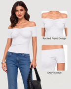 MANGOPOP Off The Shoulder Tops for Women Ruched Short Sleeve Going Out Shirt Cute Casual Basic Summer Outfits 2026
