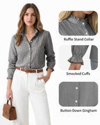 MANGOPOP Button Down Shirts for Women Long Sleeve Plaid Shirts Ruffle Blouses Business Casual Gingham Tops 2026 Trendy Outfit