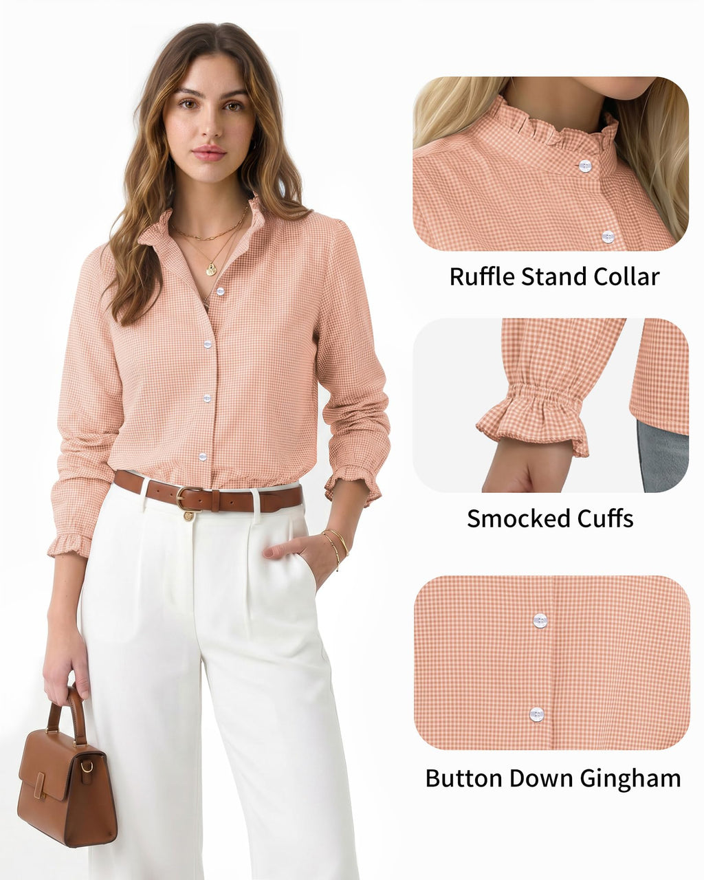 MANGOPOP Button Down Shirts for Women Long Sleeve Plaid Shirts Ruffle Blouses Business Casual Gingham Tops 2026 Trendy Outfit