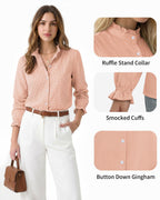 MANGOPOP Button Down Shirts for Women Long Sleeve Plaid Shirts Ruffle Blouses Business Casual Gingham Tops 2026 Trendy Outfit
