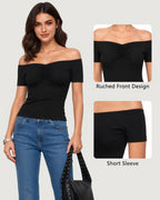 MANGOPOP Off The Shoulder Tops for Women Ruched Short Sleeve Going Out Shirt Cute Casual Basic Summer Outfits 2026