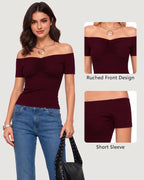 MANGOPOP Off The Shoulder Tops for Women Ruched Short Sleeve Going Out Shirt Cute Casual Basic Summer Outfits 2026