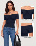 MANGOPOP Off The Shoulder Tops for Women Ruched Short Sleeve Going Out Shirt Cute Casual Basic Summer Outfits 2026