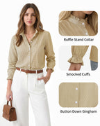 MANGOPOP Button Down Shirts for Women Long Sleeve Plaid Shirts Ruffle Blouses Business Casual Gingham Tops 2026 Trendy Outfit