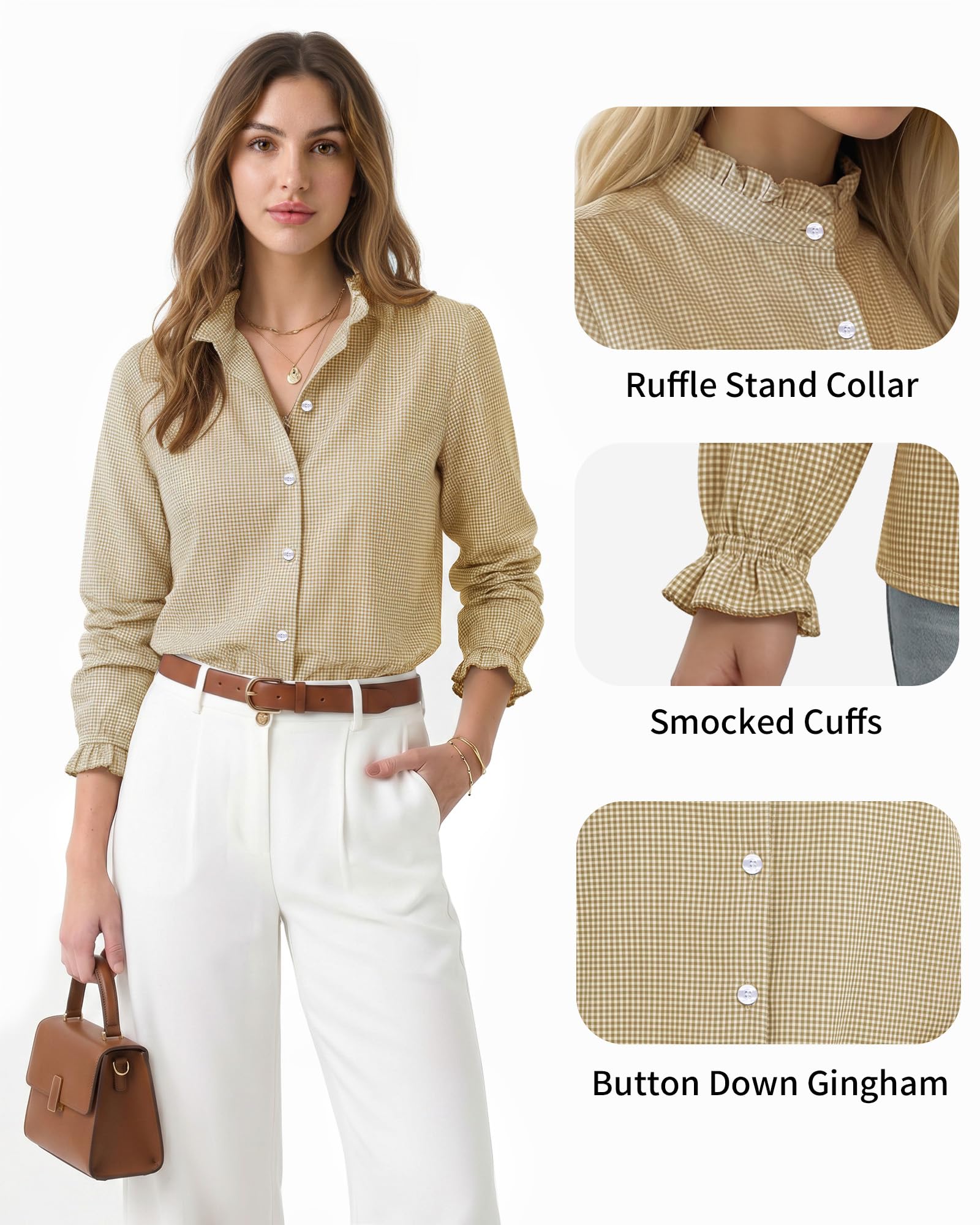MANGOPOP Button Down Shirts for Women Long Sleeve Plaid Shirts Ruffle Blouses Business Casual Gingham Tops 2026 Trendy Outfit
