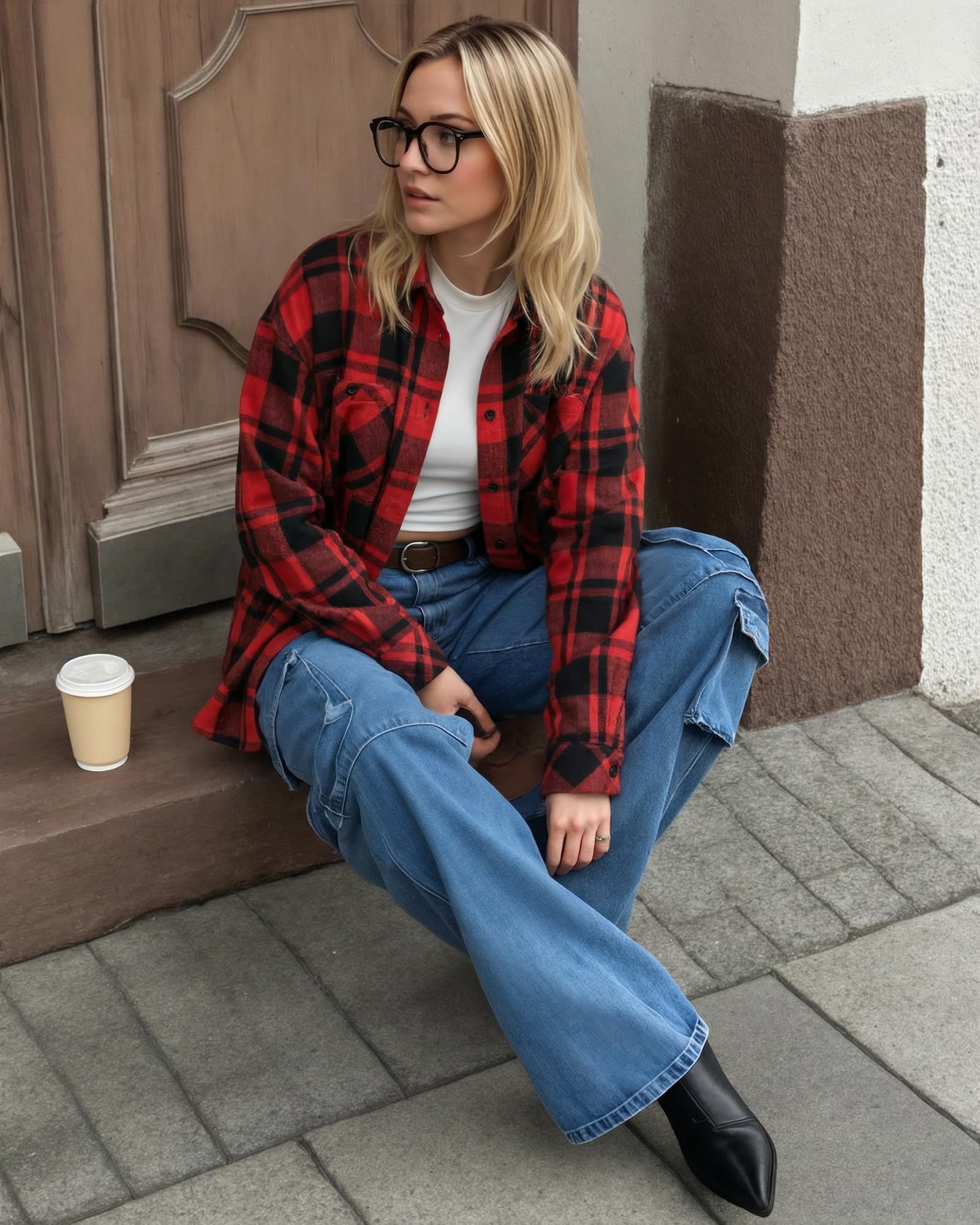 MANGOPOP Year-Round Flannel Shirt for Women - Lightweight Oversized Long Sleeve Button Down Plaid for Effortless Layering