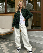 MANGOPOP Year-Round Flannel Shirt for Women - Lightweight Oversized Long Sleeve Button Down Plaid for Effortless Layering