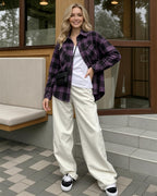 MANGOPOP Year-Round Flannel Shirt for Women - Lightweight Oversized Long Sleeve Button Down Plaid for Effortless Layering