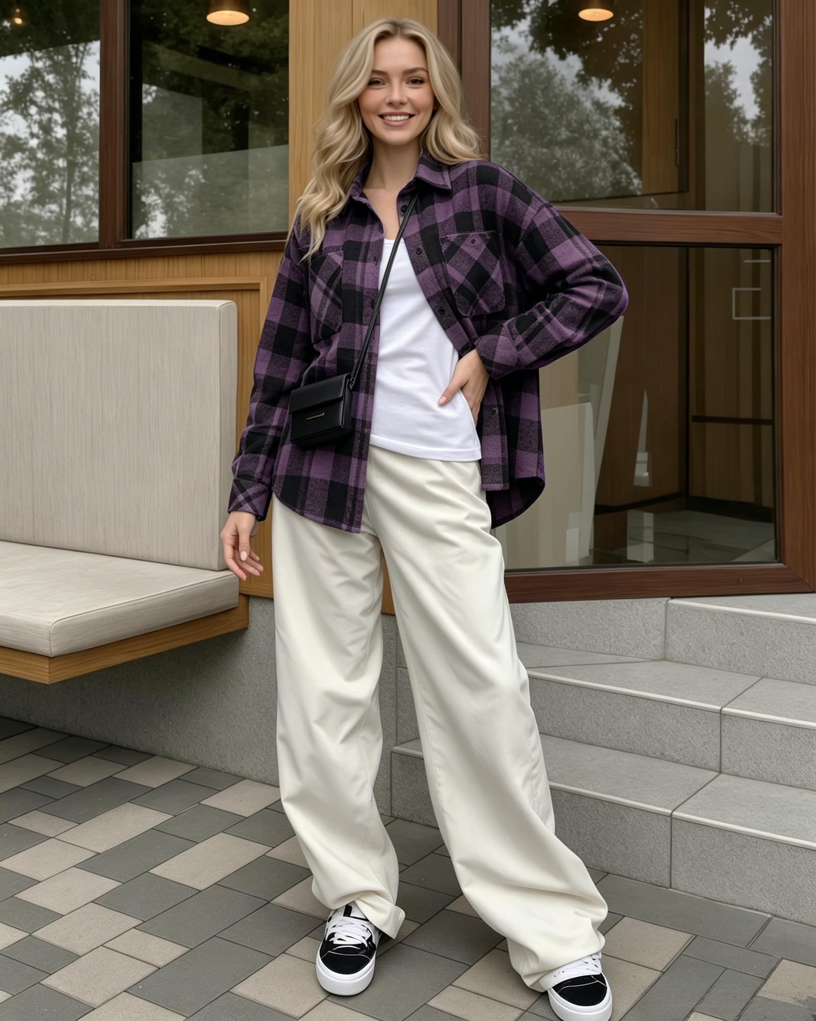 MANGOPOP Year-Round Flannel Shirt for Women - Lightweight Oversized Long Sleeve Button Down Plaid for Effortless Layering