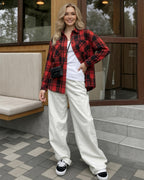 MANGOPOP Year-Round Flannel Shirt for Women - Lightweight Oversized Long Sleeve Button Down Plaid for Effortless Layering