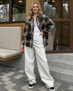 MANGOPOP Year-Round Flannel Shirt for Women - Lightweight Oversized Long Sleeve Button Down Plaid for Effortless Layering
